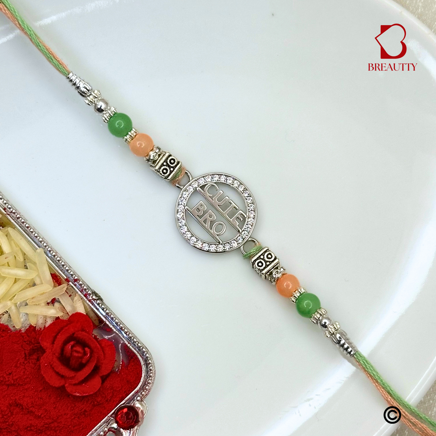 BREAUTTY RAKSHA BANDHAN 925 STERLING SILVER RAKHI  "CUTE"  WITH GREEN THREAD  | HALLMARKED SILVER  RAKHI