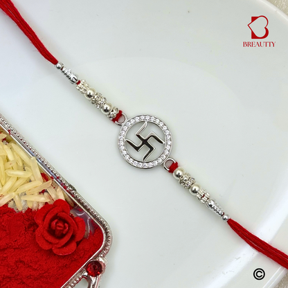 BREAUTTY RAKSHA BANDHAN 925 STERLING SILVER RAKHI  "SWASTIK"  WITH RED THREAD  | HALLMARKED SILVER  RAKHI
