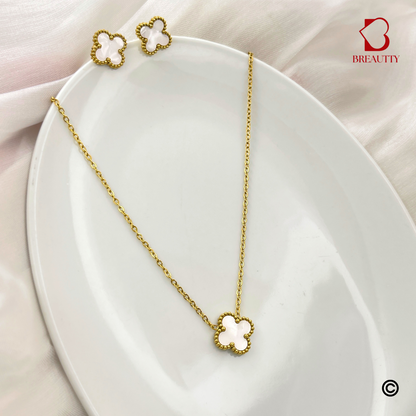 BREAUTTY 18K GOLD PLATED  CLEEF WITH WHITE CLOVER PENDANT SET WITH RING