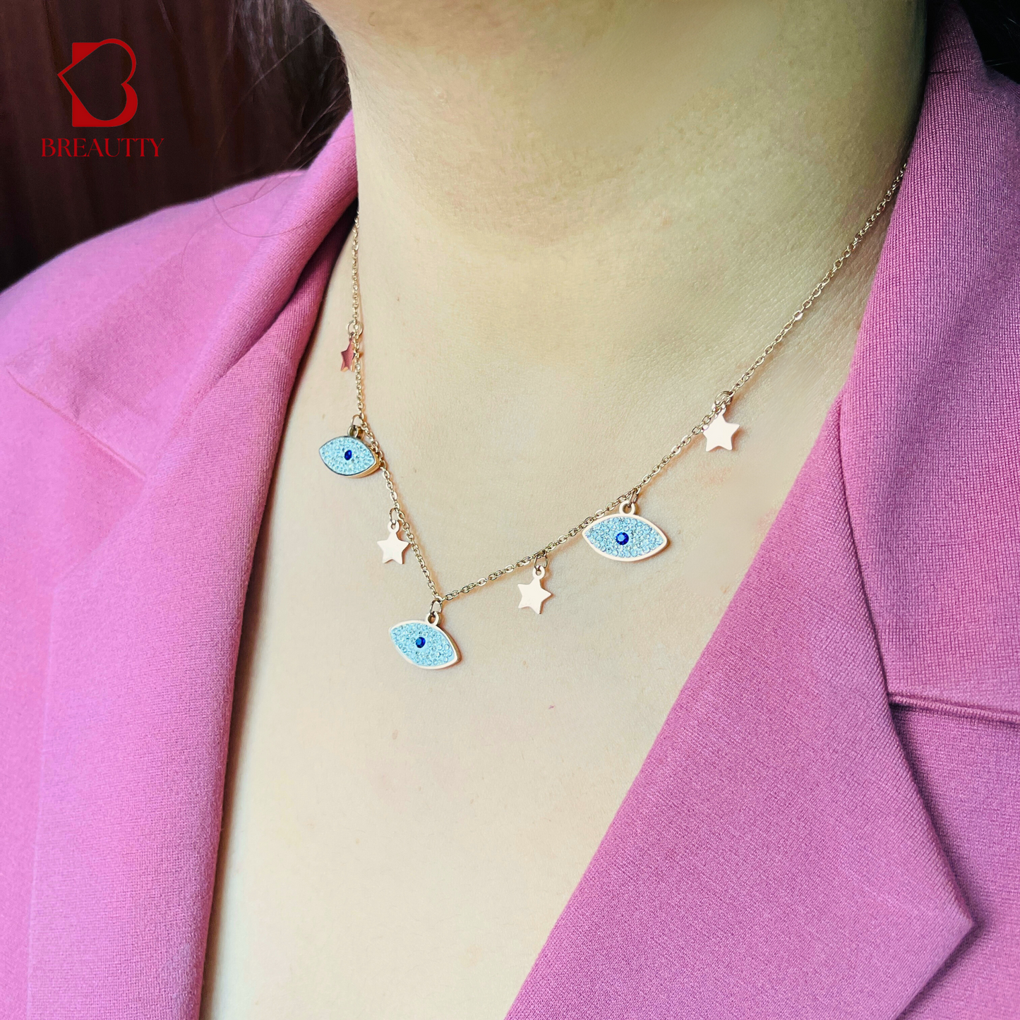 BREAUTTY ROSE GOLD PLATED  NECKLACE WITH EVIL EYE CHARMS AND STARS