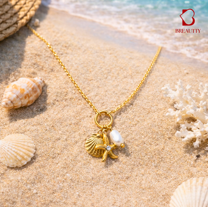 BREAUTTY 18K GOLD PLATED BEACH NECK PIECE – PEARL, STARFISH & SHELL