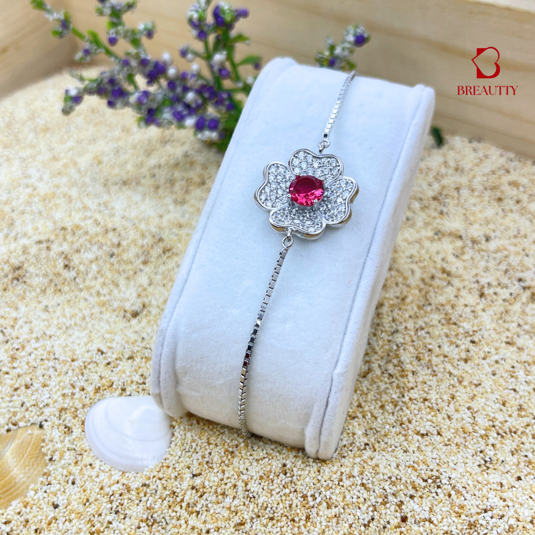 BREAUTTY PURE 92.5 STERLING SILVER RED STONE FLOWER SHAPE CHAIN BRACELET | ADJUSTABLE