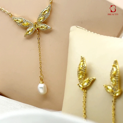 BREAUTTY SERAPHINA BUTTERFLY PEARL SET | 18K GOLD PLATED NECKLACE AND EARRINGS FOR WOMEN
