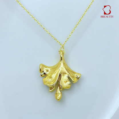 BREAUTTY GINKGO LEAF PENDANT SET – 18K GOLD PLATED WITH MOTHER OF PEARL & GREEN ZIRCON ACCENTS