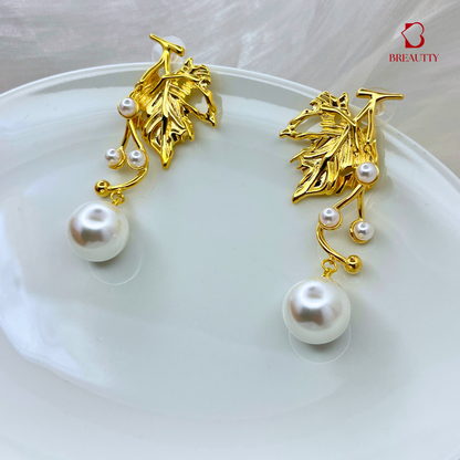 BREAUTTY GOLDEN LEAF WITH PEARL EARRINGS