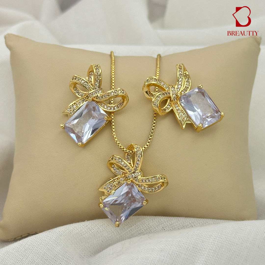 BREAUTTY WHITE SQUARE STONE BOW PENDANT SET