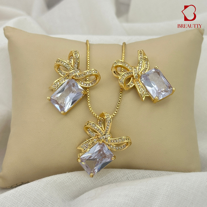 BREAUTTY WHITE SQUARE STONE BOW PENDANT SET