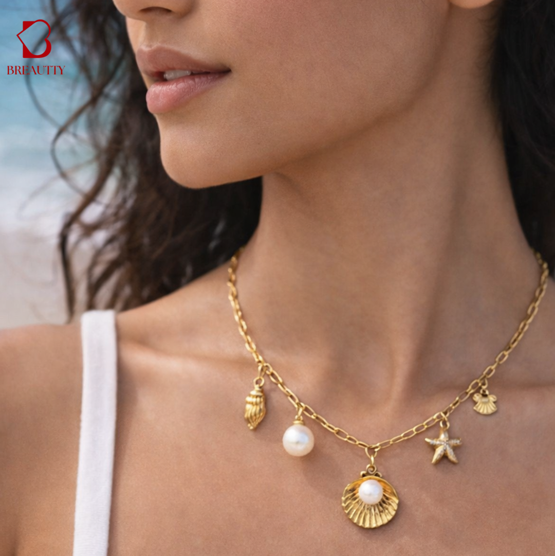 BREAUTTY 18K GOLD PLATED PEARL AND SHELL BEACH NECKPIECE