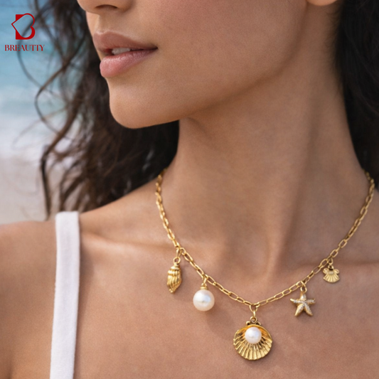 BREAUTTY 18K GOLD PLATED PEARL AND SHELL BEACH NECKPIECE