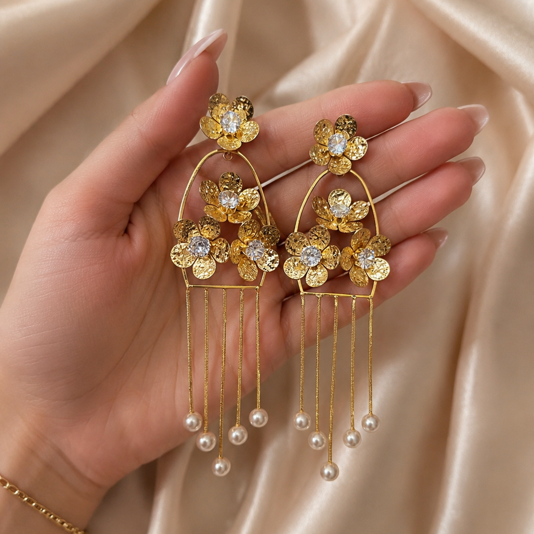 BREAUTTY 18K GOLD PLATED FLORAL PEARL TASSEL STATEMENT EARRINGS