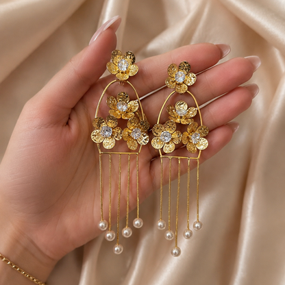 BREAUTTY 18K GOLD PLATED FLORAL PEARL TASSEL STATEMENT EARRINGS