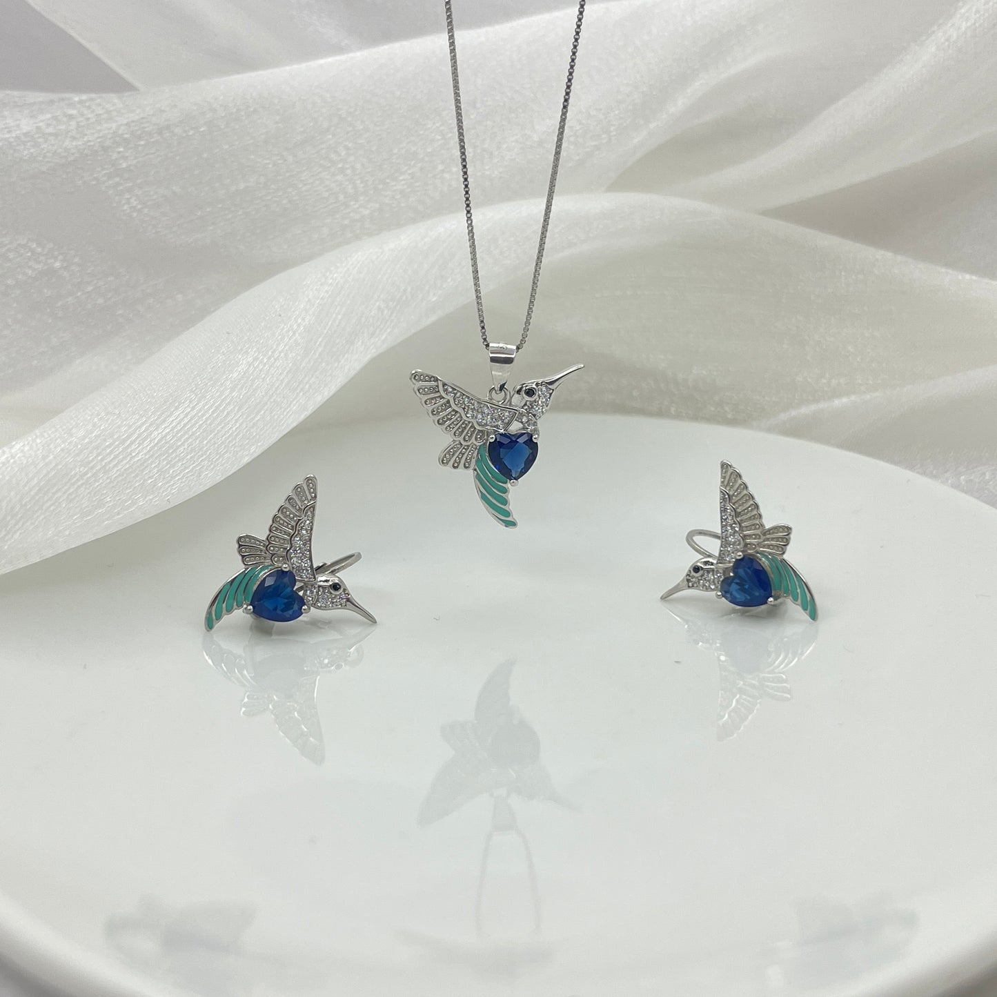 BREAUTTY 925 STERLING SILVER HUMMING BIRD PENDANT SET WITH BLUE ZIRCON