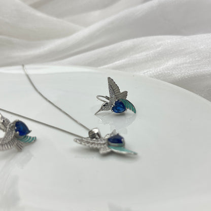 BREAUTTY 925 STERLING SILVER HUMMING BIRD PENDANT SET WITH BLUE ZIRCON