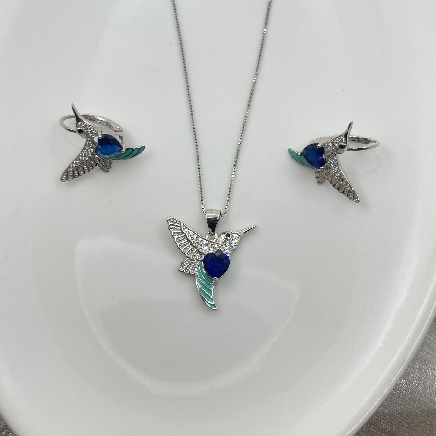 BREAUTTY 925 STERLING SILVER HUMMING BIRD PENDANT SET WITH BLUE ZIRCON