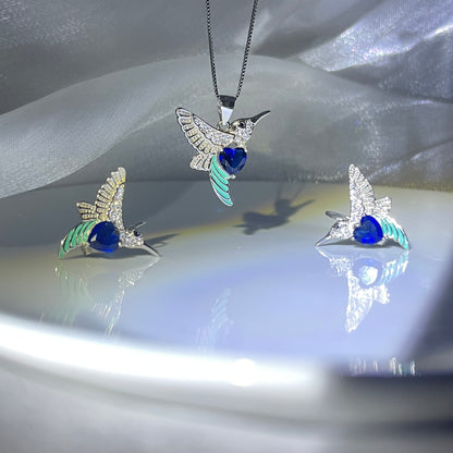 BREAUTTY 925 STERLING SILVER HUMMING BIRD PENDANT SET WITH BLUE ZIRCON