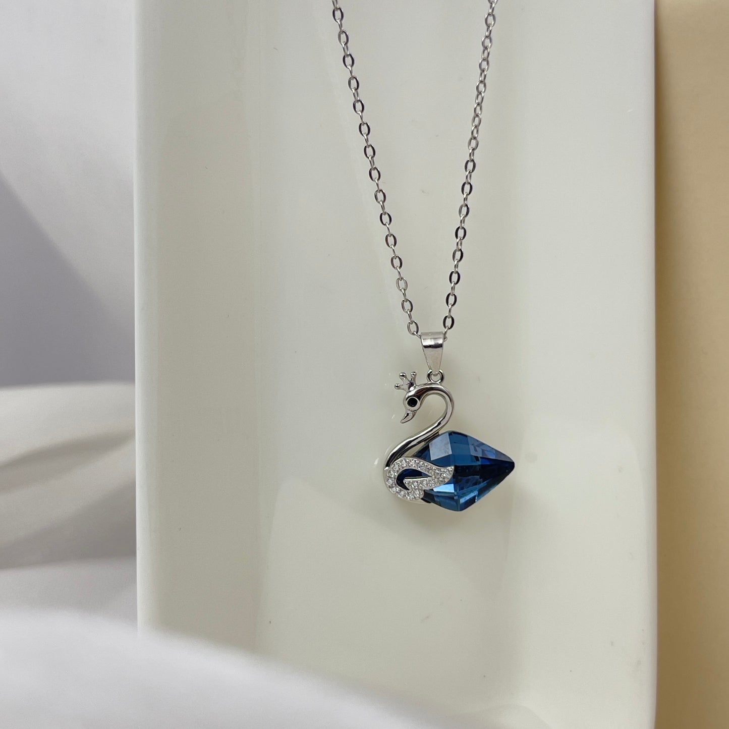 BREAUTTY 925 STERLING SILVER BLUE CRYSTAL SWAN PENDANT AND CHAIN | RHODIUM POLISHED