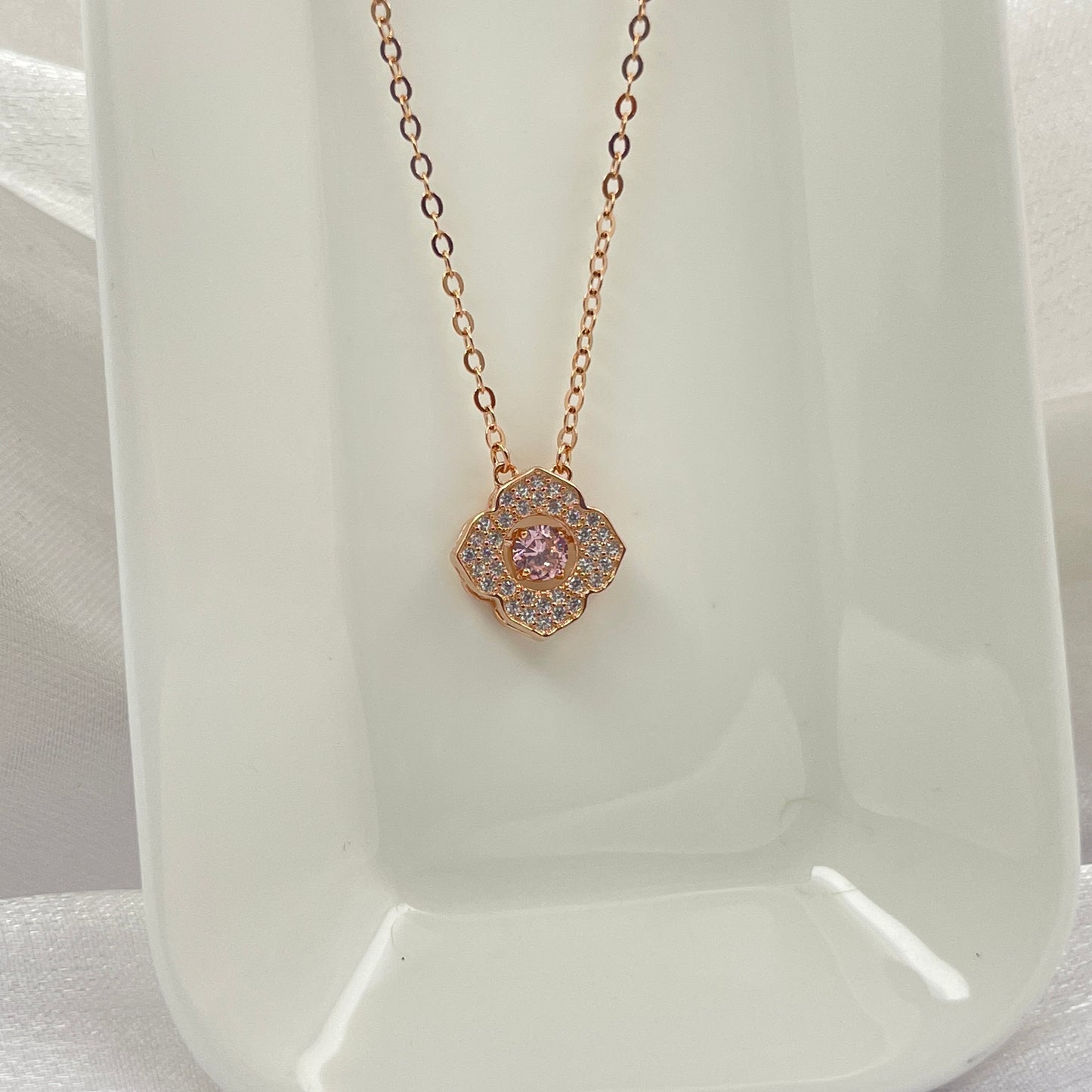 BREAUTTY 925 STERLING SILVER | PINK CLOVE STUD PENDANT CHAIN | ROSE GOLD PLATED