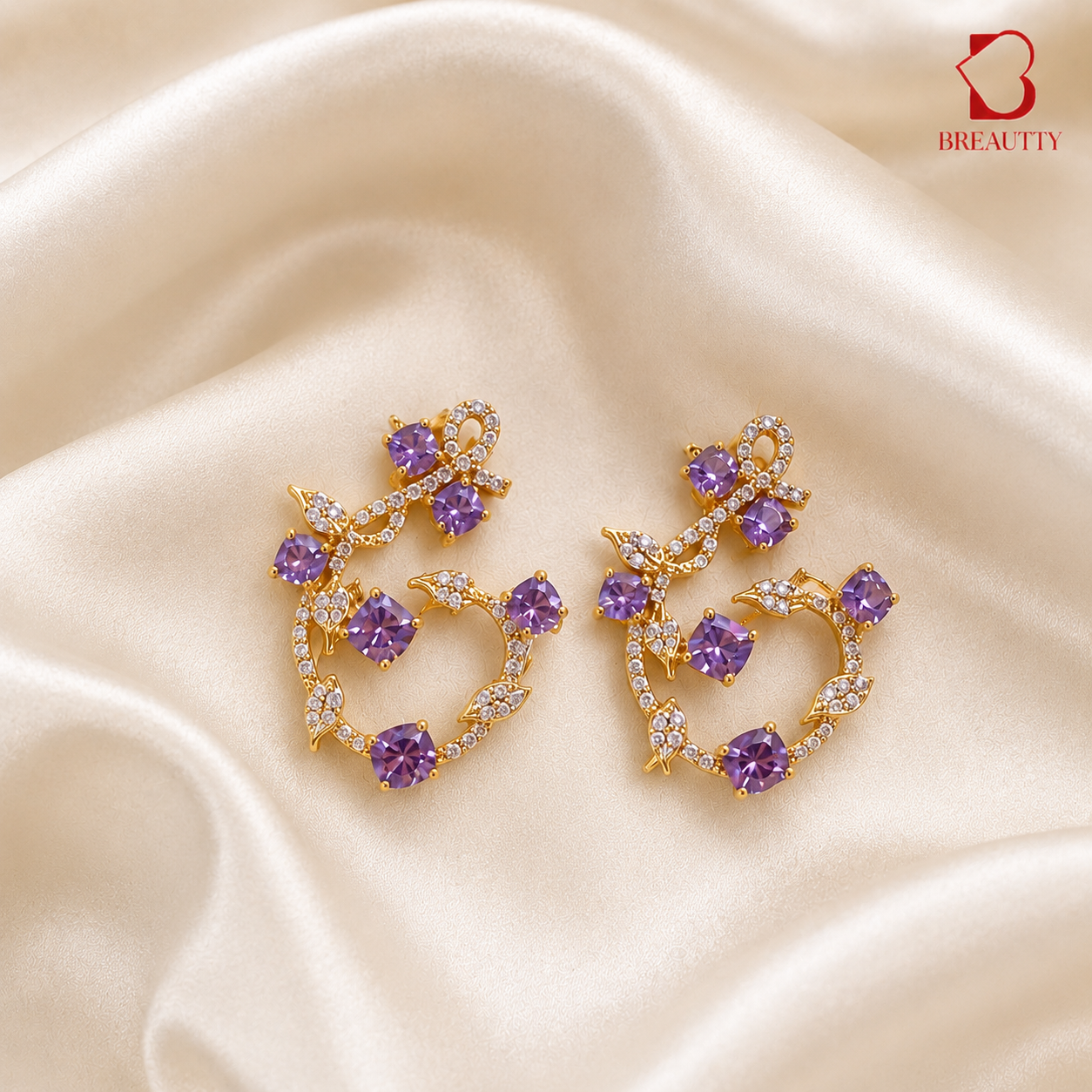 BREAUTTY AMETHYST BLOOM FLORAL EARRINGS – 18K GOLD PLATED PURPLE CRYSTAL STATEMENT EARRINGS FOR WOMEN