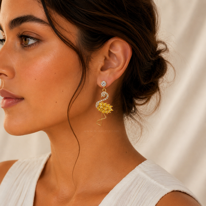 BREAUTTY GOLDEN FLAMINGO EARRINGS – GOLD PLATED CRYSTAL STATEMENT EARRINGS FOR WOMEN