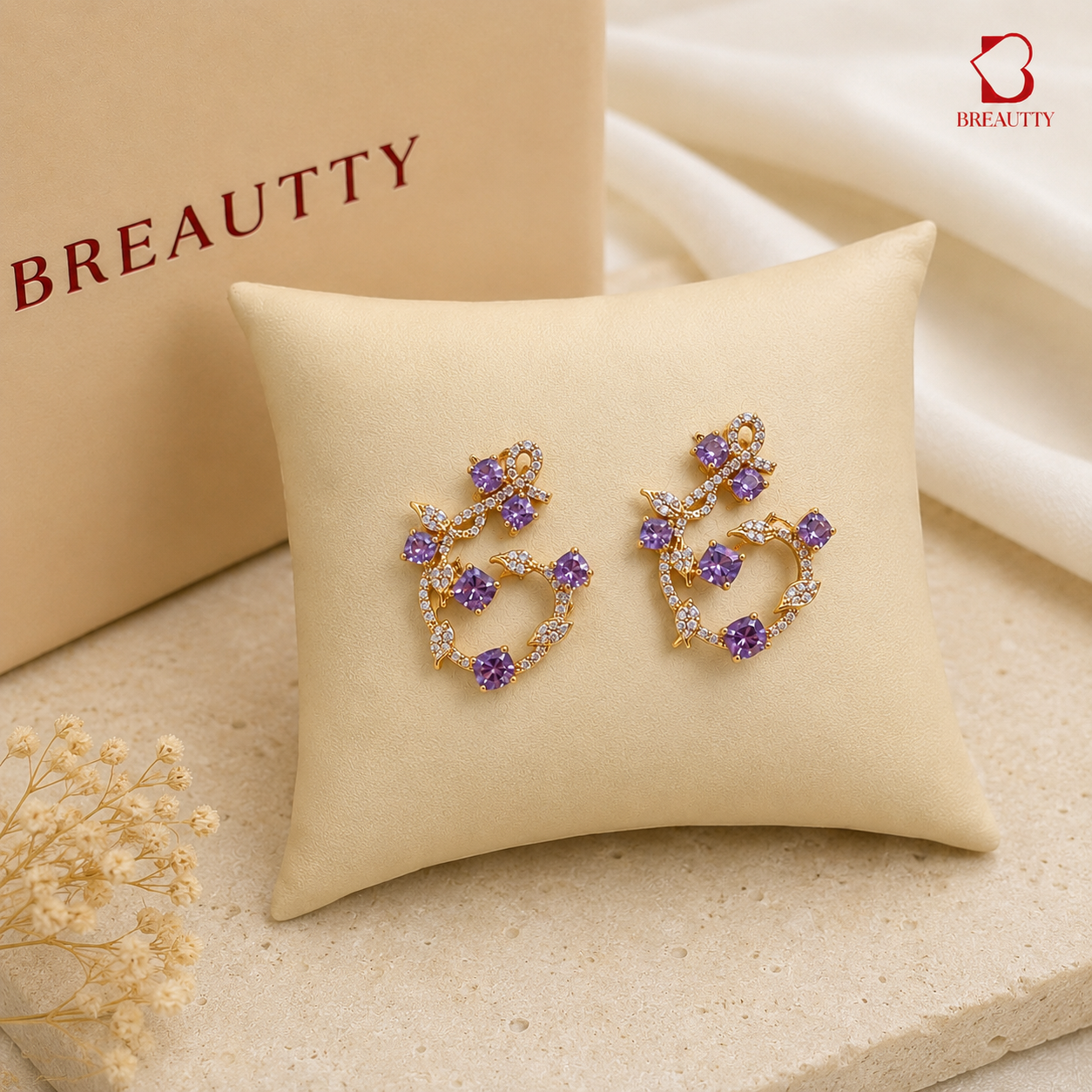 BREAUTTY AMETHYST BLOOM FLORAL EARRINGS – 18K GOLD PLATED PURPLE CRYSTAL STATEMENT EARRINGS FOR WOMEN
