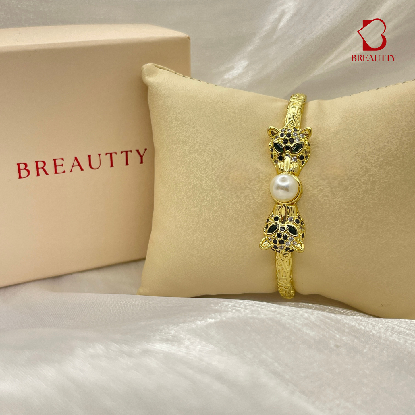 BREAUTTY DUAL PANTHER WITH PEARL IN 18K GOLD PLATED BRACELET | STAINLESS STEEL