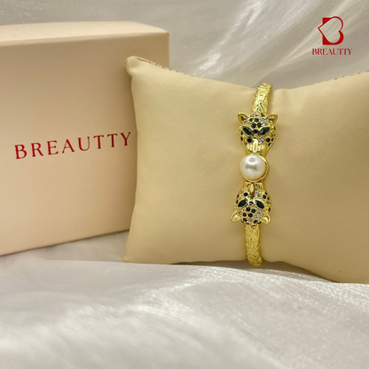 BREAUTTY DUAL PANTHER WITH PEARL IN 18K GOLD PLATED BRACELET | STAINLESS STEEL