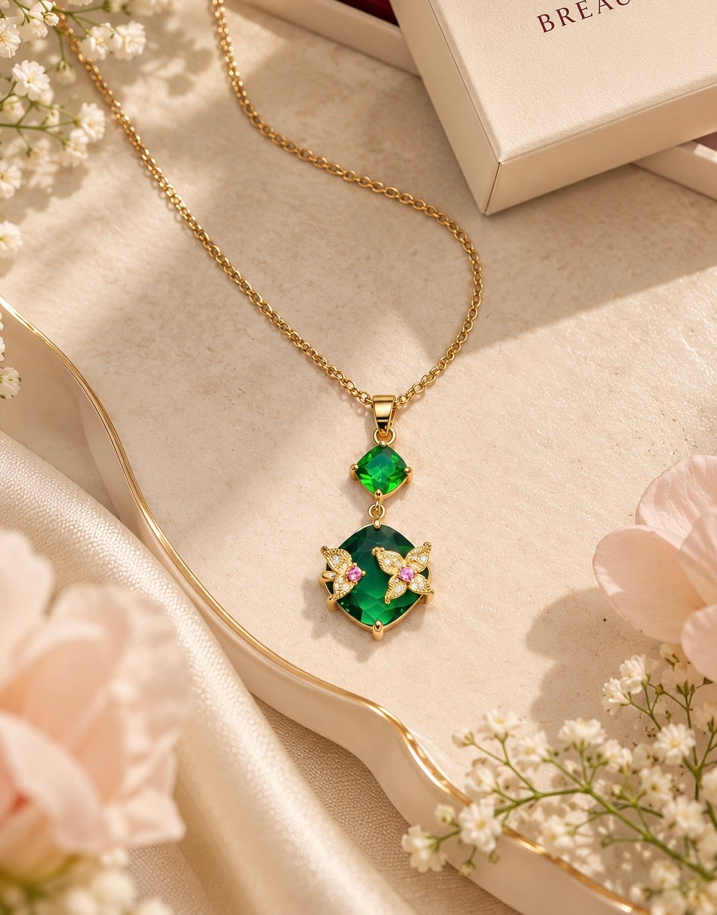 BREAUTTY 18K GOLD PLATED KOREAN EMERALD STONE NECKLACE