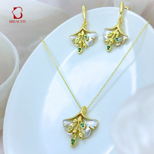 BREAUTTY GINKGO LEAF PENDANT SET – 18K GOLD PLATED WITH MOTHER OF PEARL & GREEN ZIRCON ACCENTS