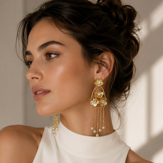 A woman in a white sleeveless mock-neck top wearing a pair of dramatic gold statement drop earrings with floral clusters and dangling pearl-like beads, photographed in warm natural light against a light wall.