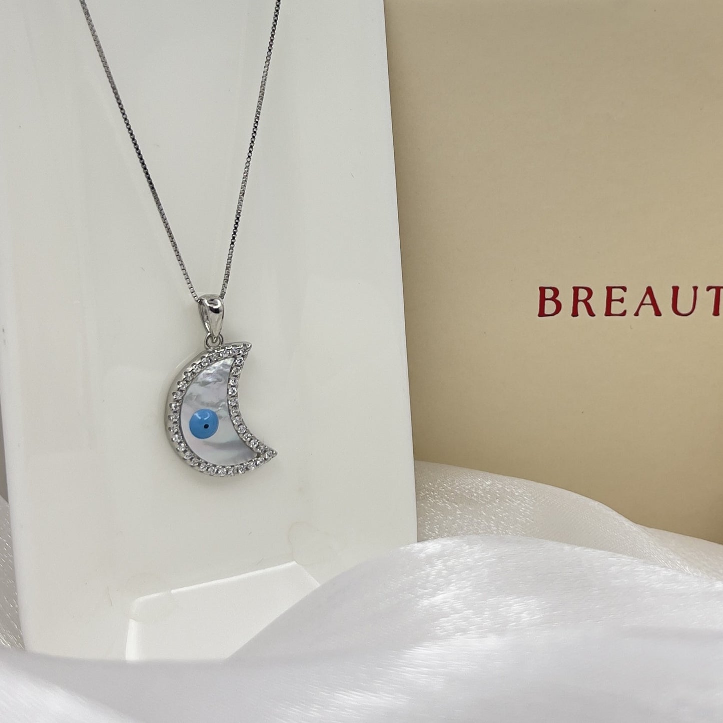 BREAUTTY 925 STERLING SILVER MOON EVIL EYE PENDANT CHAIN