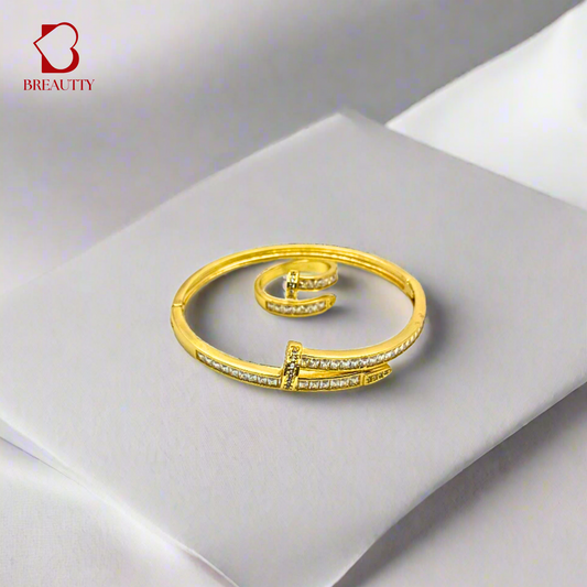 BREAUTTY  GOLD-PLATED NAIL DESIGN BRACELET WITH RING