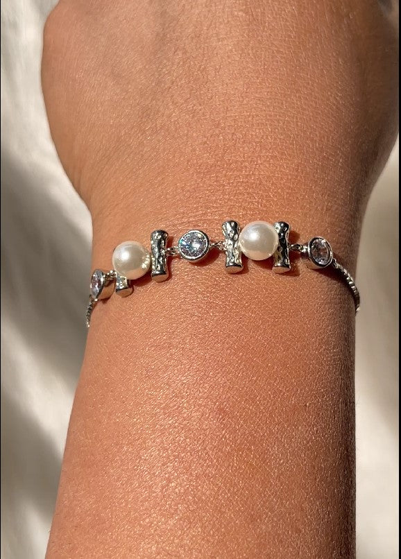 BREAUTTY  925 STERLING SILVER  PEARL AND ZIRCON CHARM BRACELET  | ADJUSTABLE