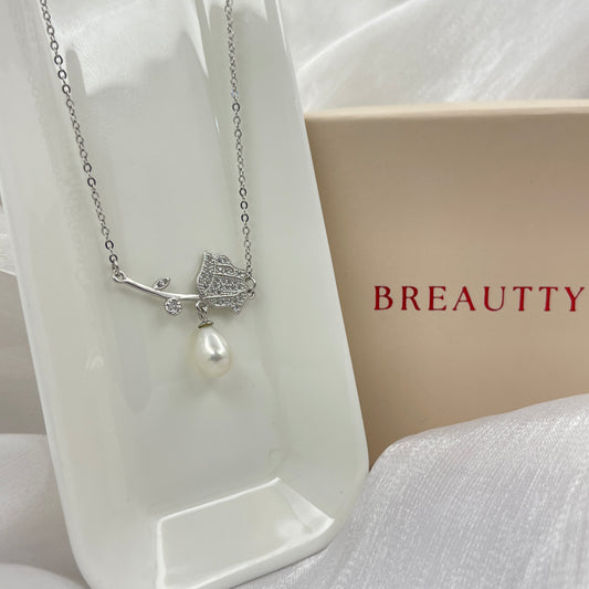 BREAUTTY 925 STERLING SILVER ROSE NECKLACE WITH PEARL AND CUBIC ZIRCONIA | (RHODIUM POLISHED)