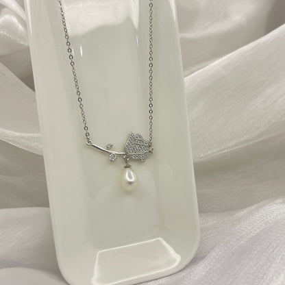 BREAUTTY 925 STERLING SILVER ROSE NECKLACE WITH PEARL AND CUBIC ZIRCONIA | (RHODIUM POLISHED)