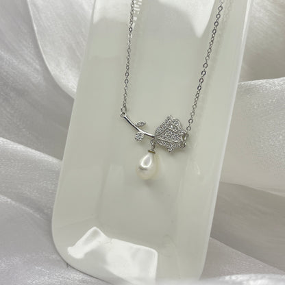 BREAUTTY 925 STERLING SILVER ROSE NECKLACE WITH PEARL AND CUBIC ZIRCONIA | (RHODIUM POLISHED)