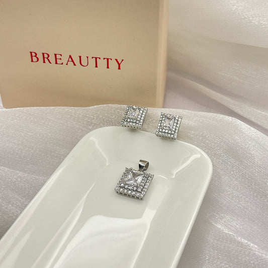 BREAUTTY 925 STERLING SILVER SPARKLING SQUARE STUDS PENDANT SET