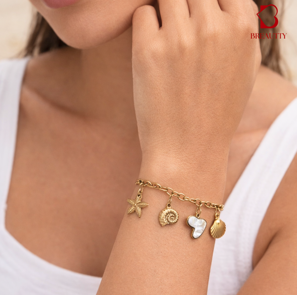 BREAUTTY 18K GOLD PLATED SOLID BEACH HEART & STARFISH BRACELET