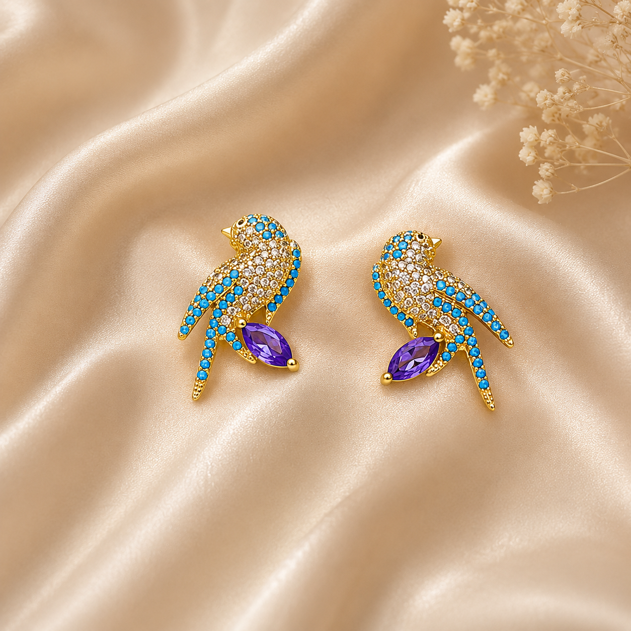 BREAUTTY REGAL WINGS BIRD EARRINGS  | GOLD PLATED BLUE CRYSTAL STATEMENT EARRINGS FOR WOMEN
