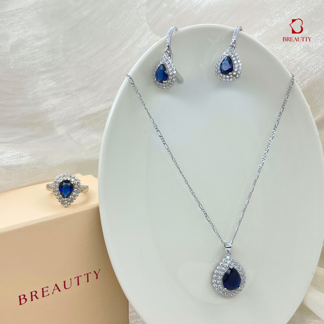 BREAUTTY 925 STERLING SILVER DROPLET BLUE STONE PENDANT SET