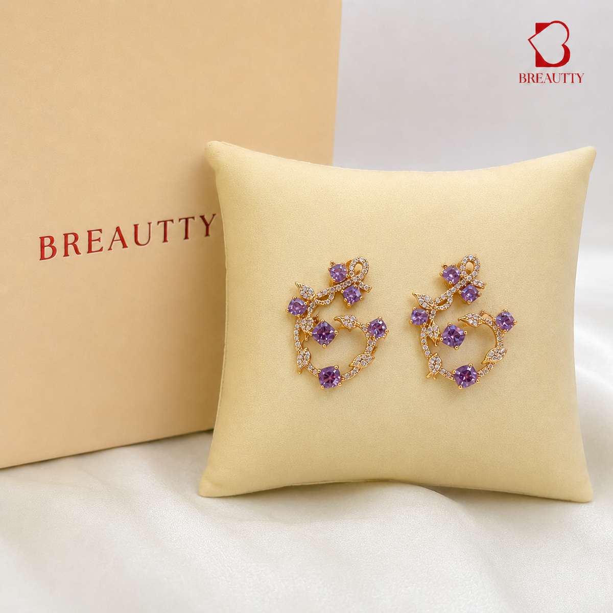 BREAUTTY AMETHYST BLOOM FLORAL EARRINGS – 18K GOLD PLATED PURPLE CRYSTAL STATEMENT EARRINGS FOR WOMEN