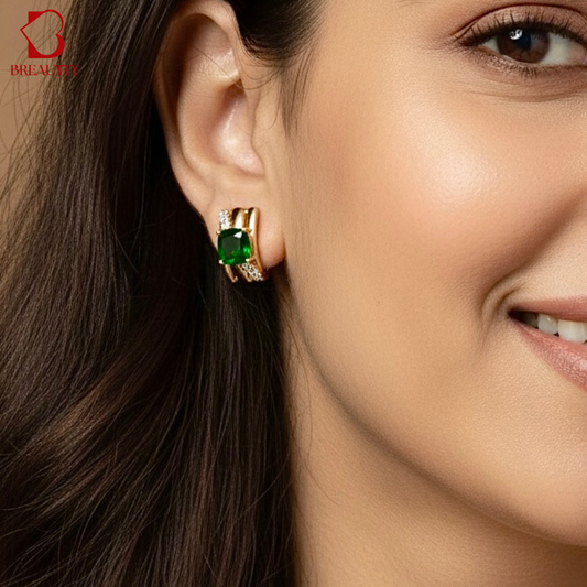 BREAUTTY EMERALD STONES STUDS EARRINGS FOR WOMAN | WATERPROOF