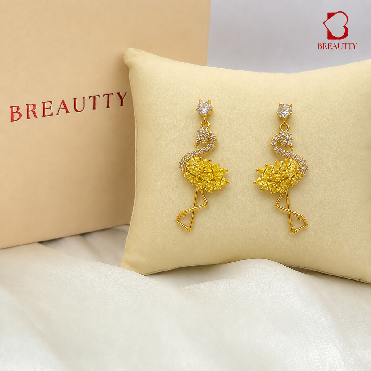 BREAUTTY GOLDEN FLAMINGO EARRINGS – GOLD PLATED CRYSTAL STATEMENT EARRINGS FOR WOMEN