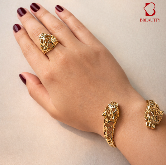 BREAUTTY 18K GOLD PLATED PANTHER BRACELET & RING COMBO – PARTY WEAR STATEMENT LUXURY
