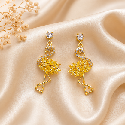 BREAUTTY GOLDEN FLAMINGO EARRINGS – GOLD PLATED CRYSTAL STATEMENT EARRINGS FOR WOMEN