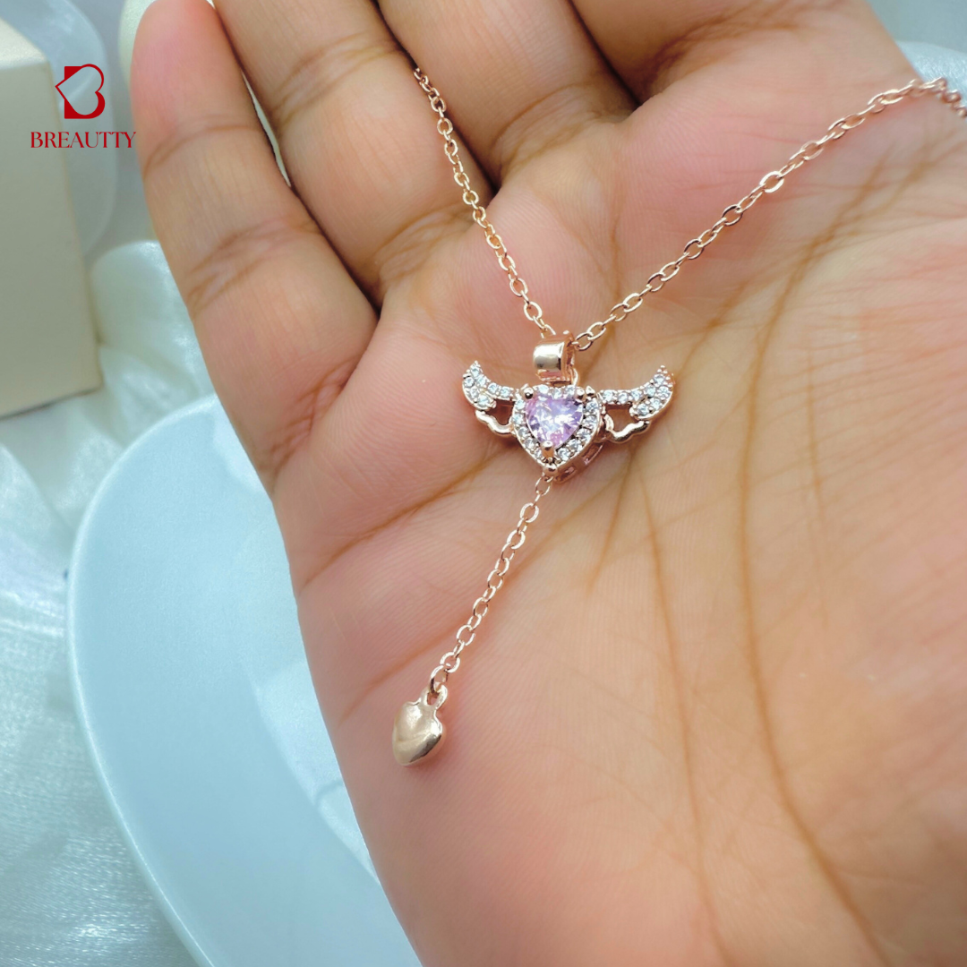 BREAUTTY 18K ROSE GOLD WISH WING PENDANT CHAIN – PINK HEART EDITION